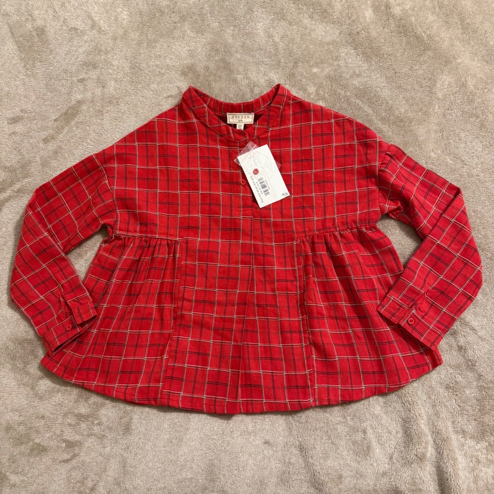 Hayden Girls Red Grid Stripe Plaid Babydoll Shirt Long Sleeve Size 9/10 NWT